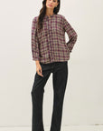 RUFFLE NECK PLAID BLOUSE
