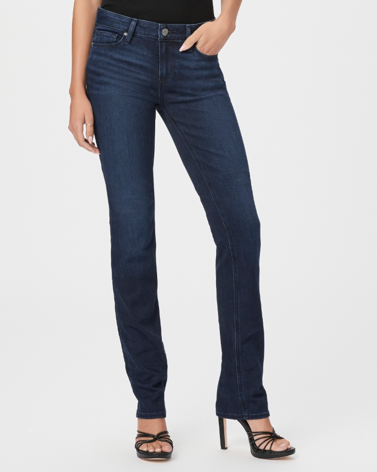 waist down front view of the skyline mid rise straight jean from paige in manifesto dark blue