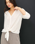 SPLIT NECK TIE FRONT CREPE BLOUSE