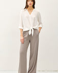SPLIT NECK TIE FRONT CREPE BLOUSE