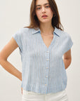 STRIPED LINEN BLEND V-NECK BLOUSE