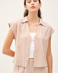STRIPED LINEN BLEND V-NECK BLOUSE
