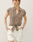 LEOPARD PRINT CAP SLEEVE TIE FRONT BLOUSE
