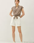 LEOPARD PRINT CAP SLEEVE TIE FRONT BLOUSE