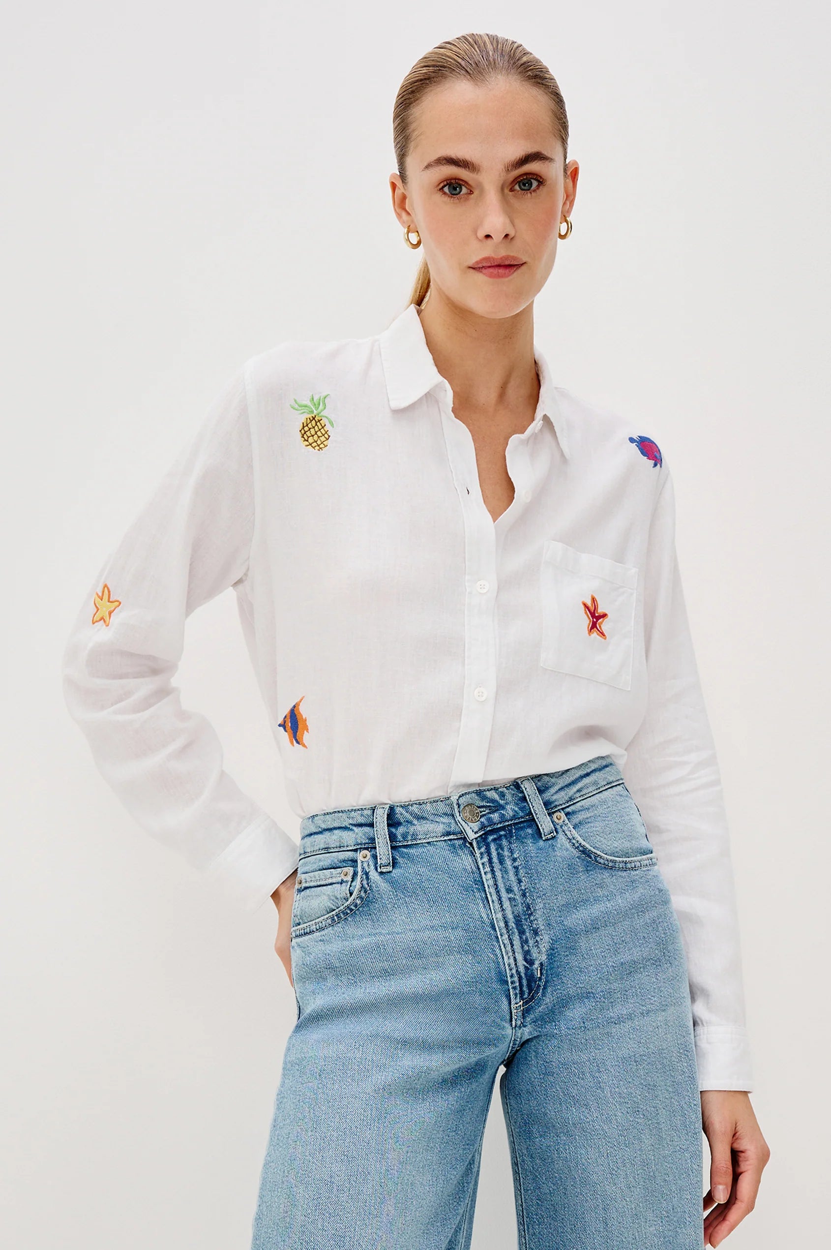 CHARLI ISLAND EMBROIDERY LONG SLEEVE LINEN SHIRT