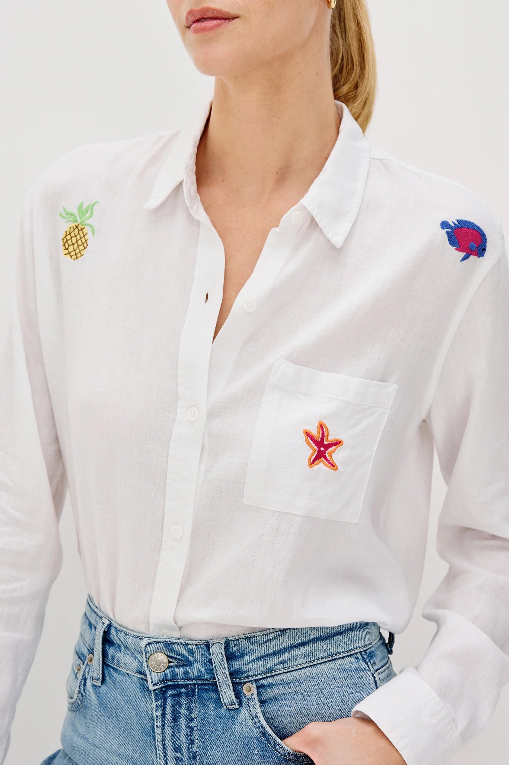 CHARLI ISLAND EMBROIDERY LONG SLEEVE LINEN SHIRT