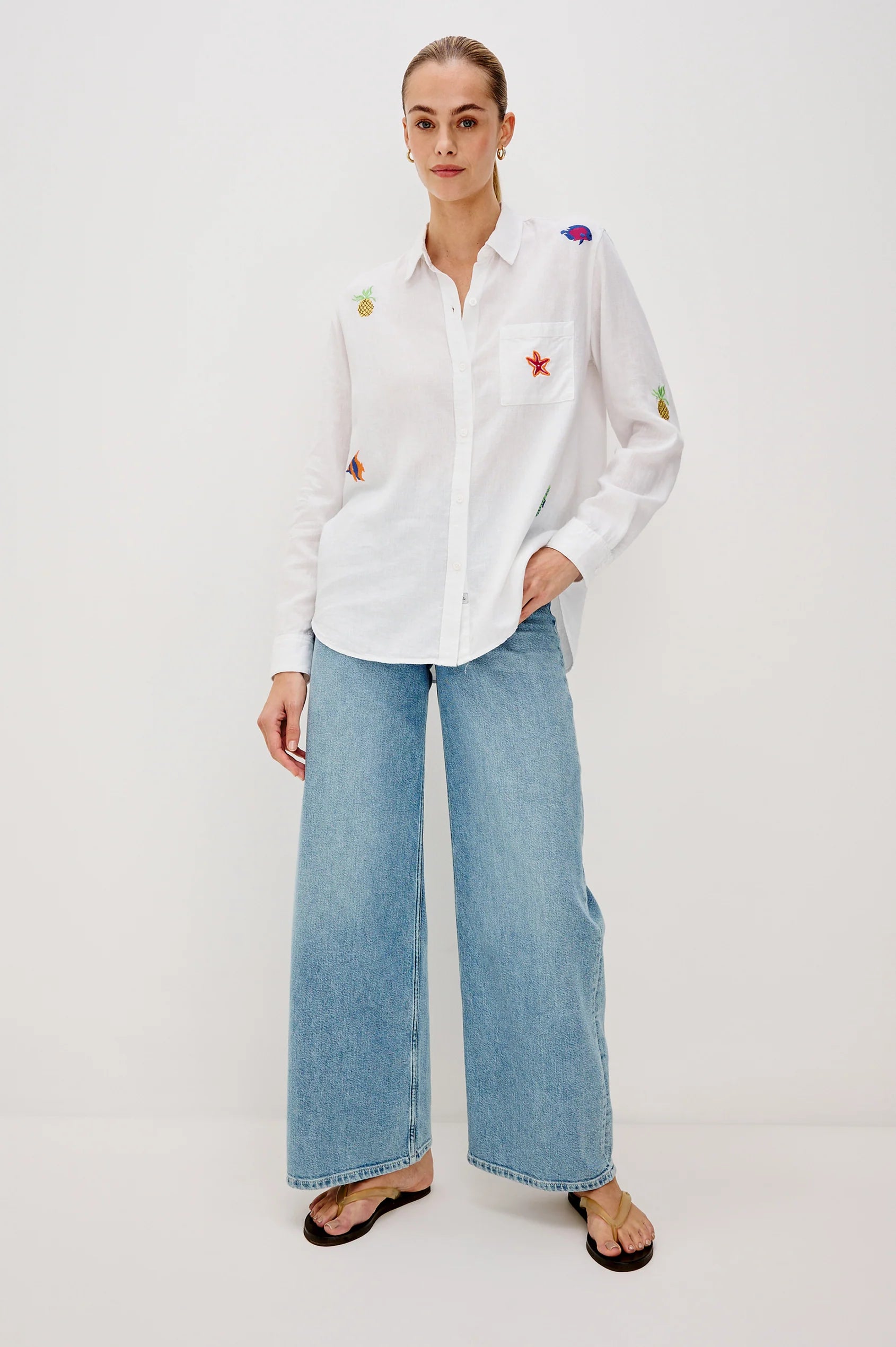 CHARLI ISLAND EMBROIDERY LONG SLEEVE LINEN SHIRT