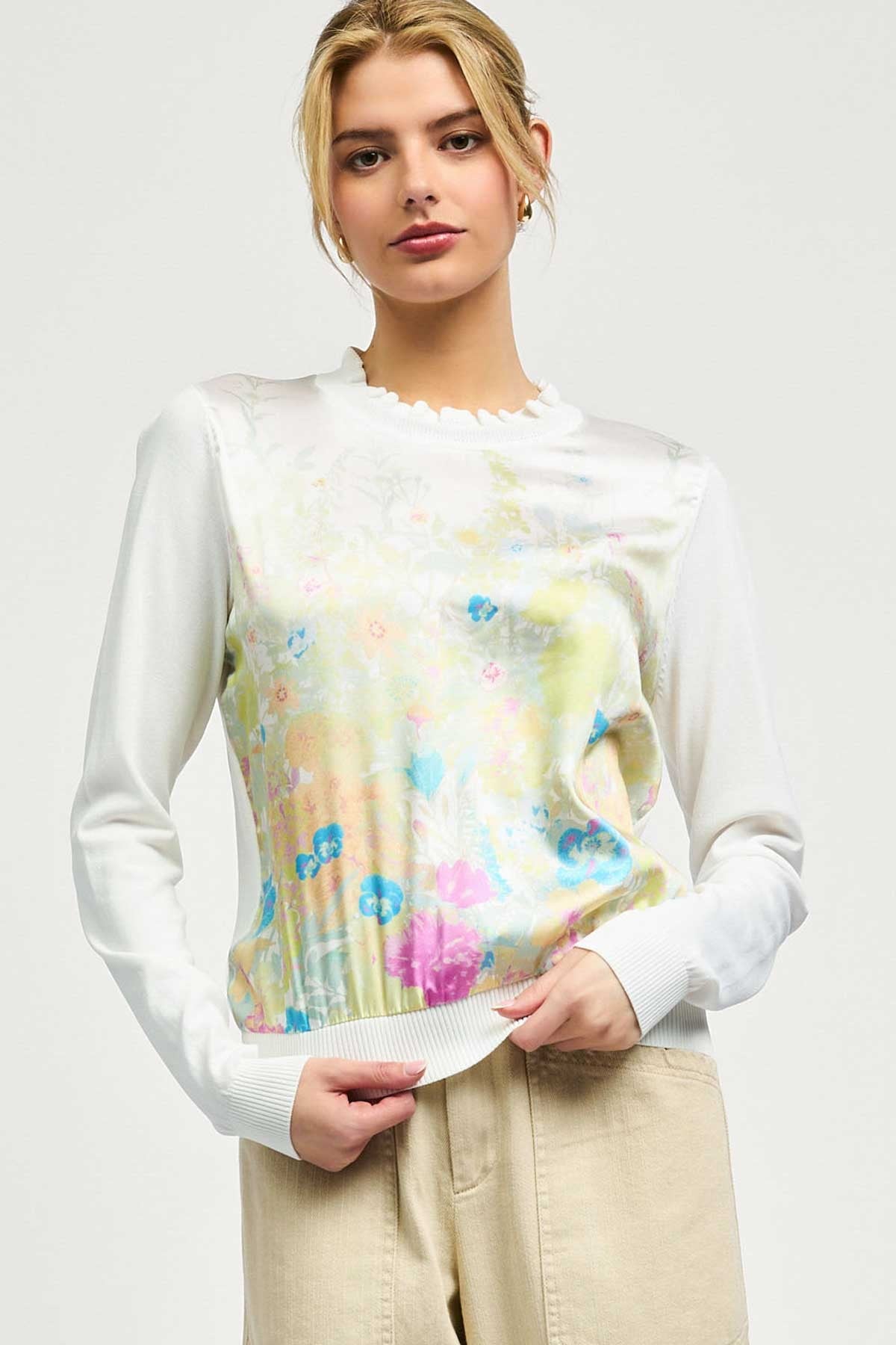FLORAL SATIN FRONT KNIT TOP