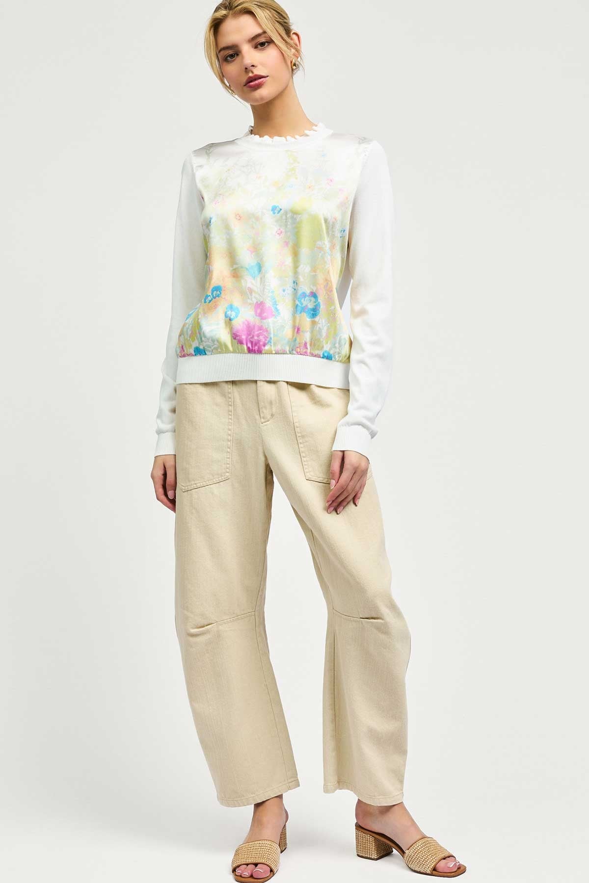 FLORAL SATIN FRONT KNIT TOP