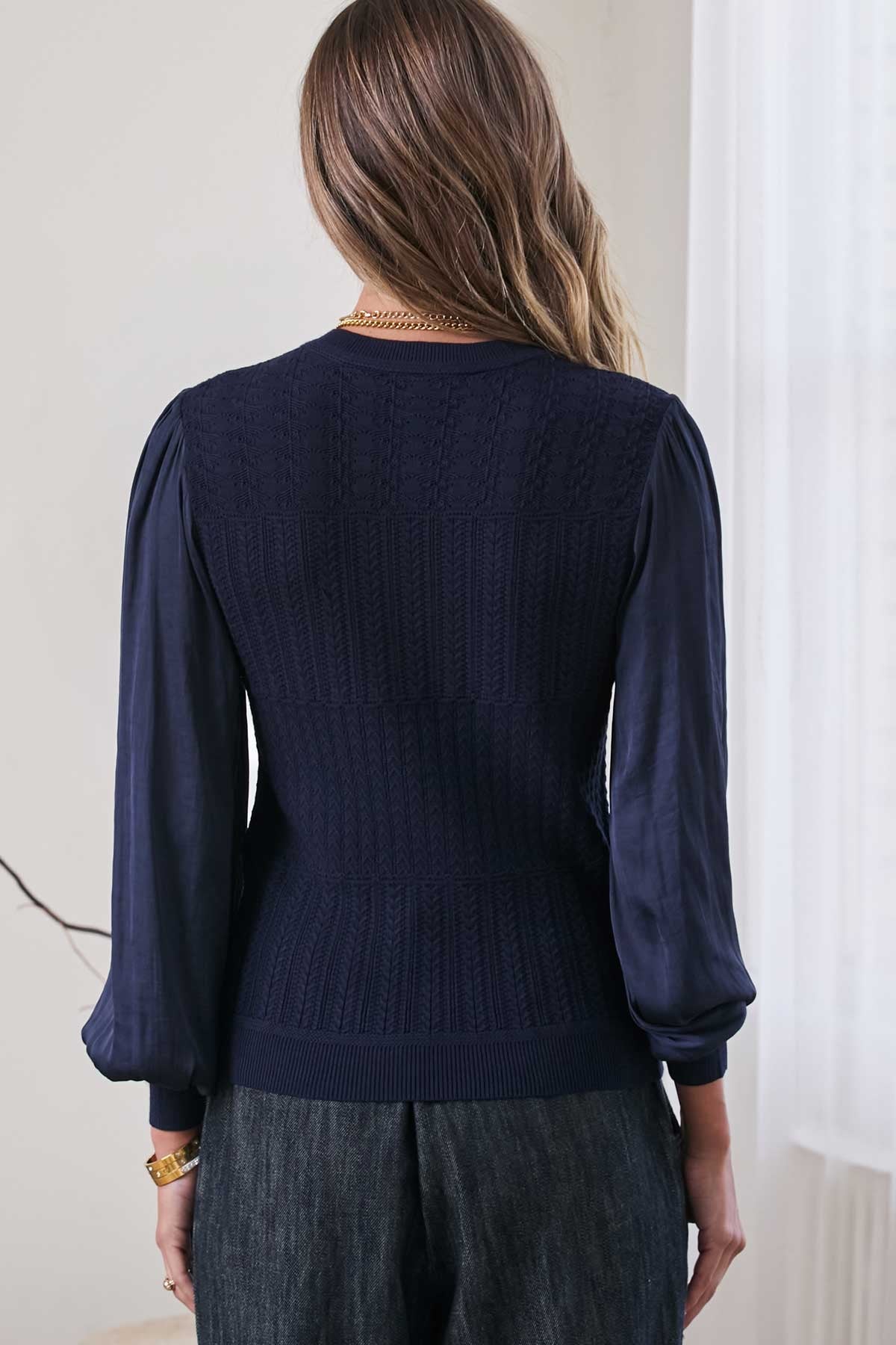 MIXED KNIT TOP WITH SHEER SLEEVE