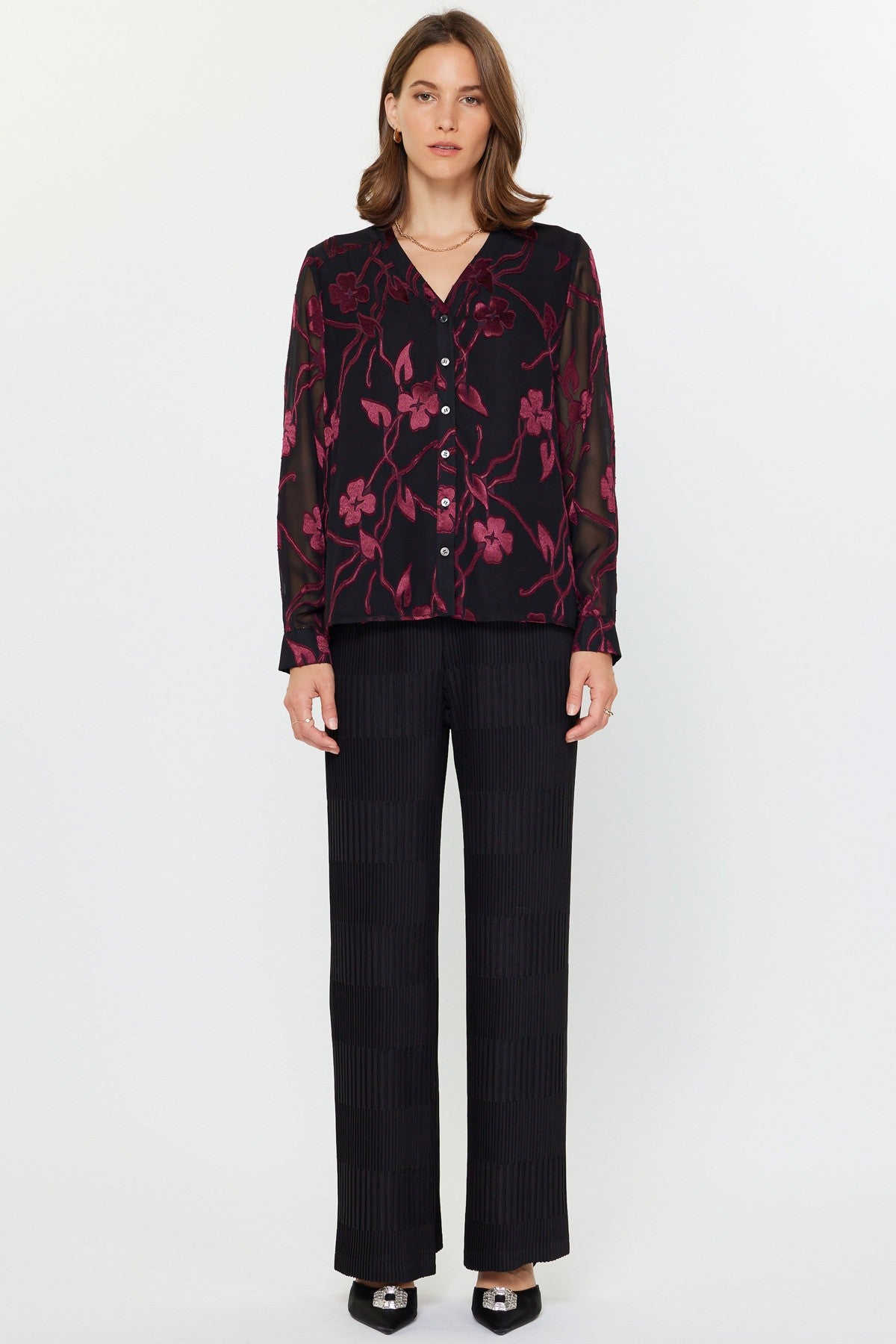 FLORAL JACQUARD V-NECK BLOUSE