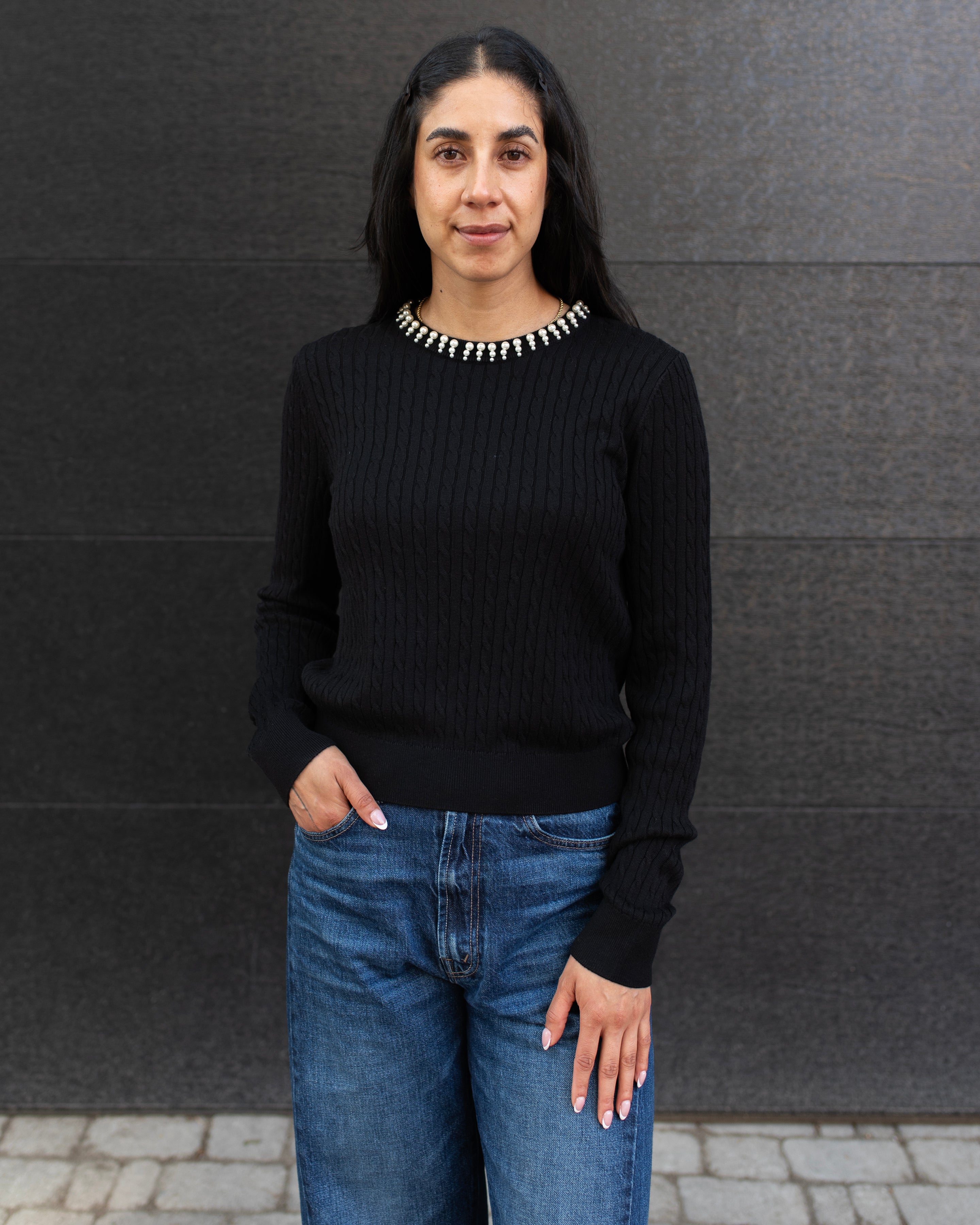 PEARL TRIM CABLE KNIT TOP