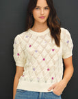 EMBROIDERED CROCHET PUFF SLEEVE SWEATER