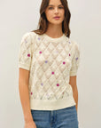 EMBROIDERED CROCHET PUFF SLEEVE SWEATER