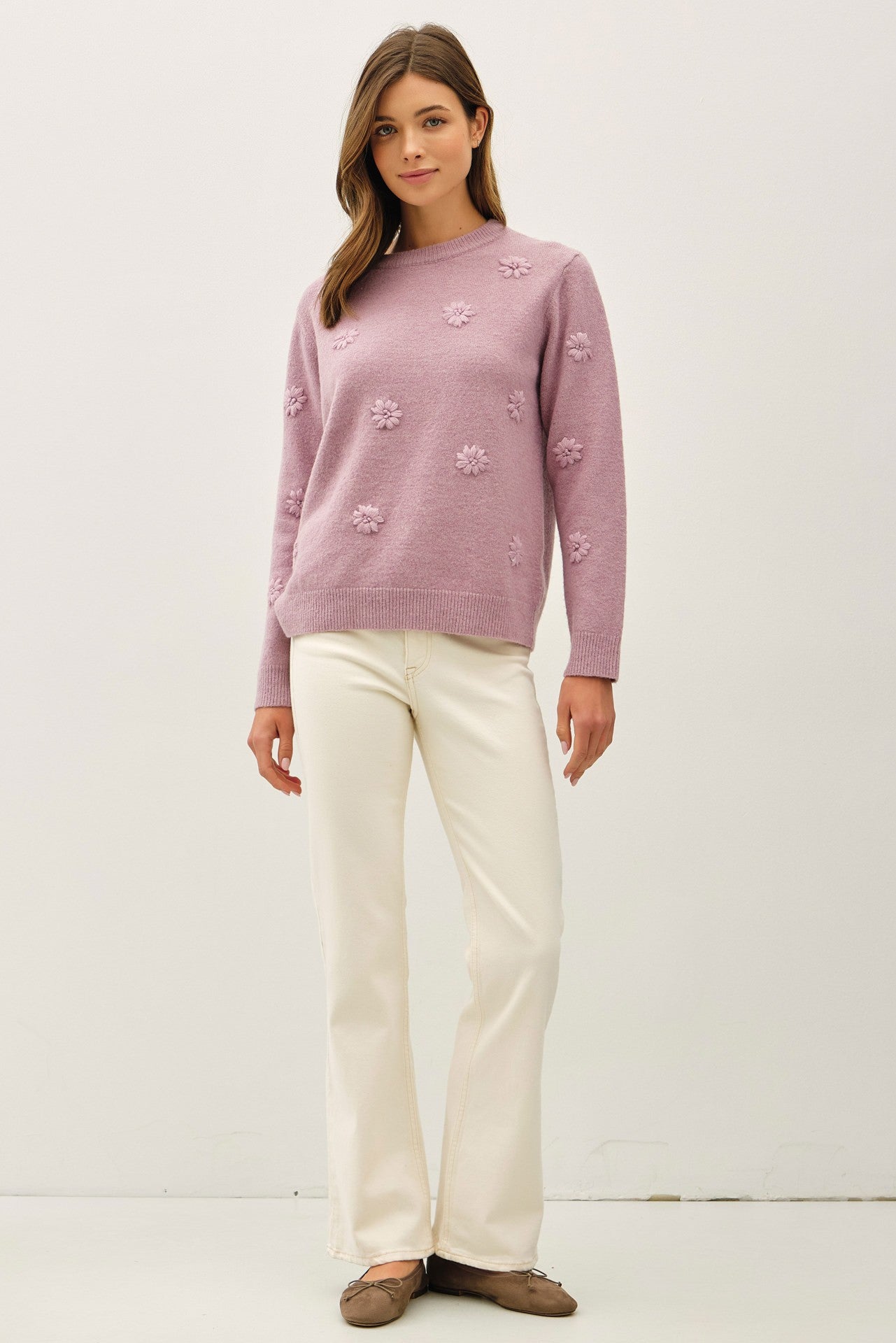 EMBROIDERED TONAL FLOWERS SWEATER