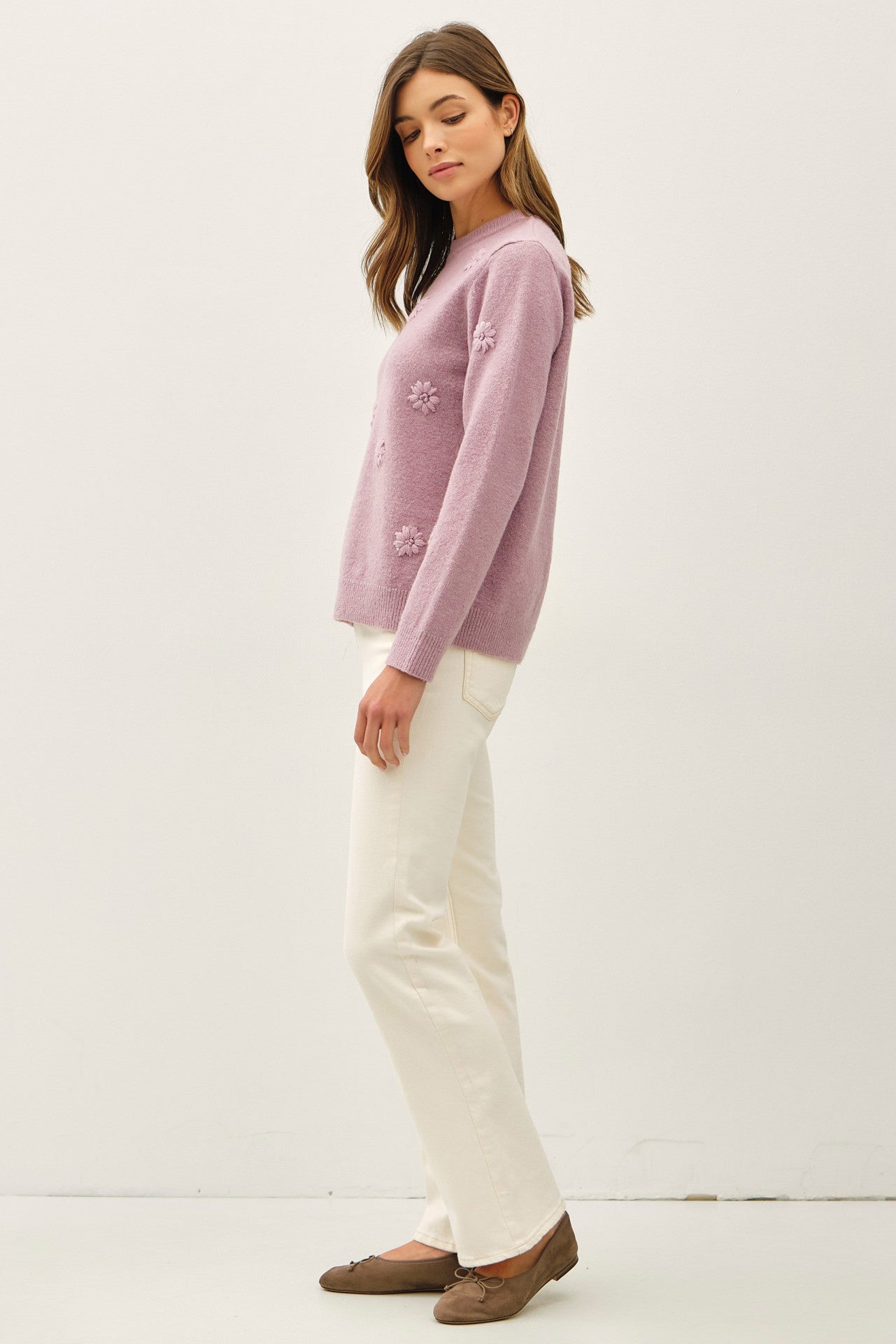 EMBROIDERED TONAL FLOWERS SWEATER
