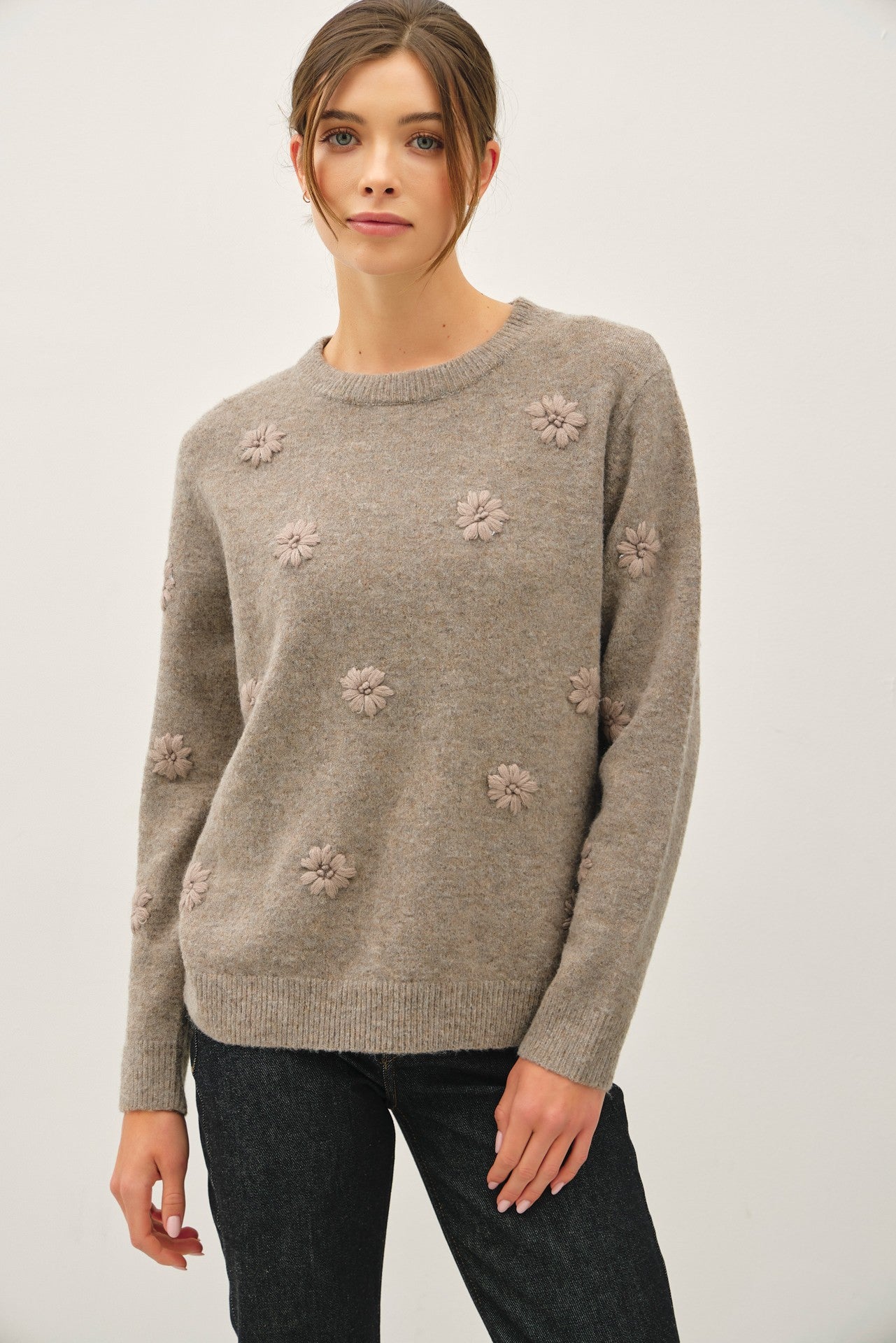 EMBROIDERED TONAL FLOWERS SWEATER