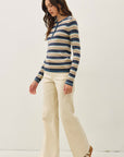 STRIPED HENLEY FINE KNIT SWEATER