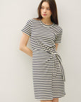 LINEN BLEND STRIPED FAUX WRAP SHORT SLEEVE DRESS