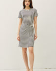 LINEN BLEND STRIPED FAUX WRAP SHORT SLEEVE DRESS