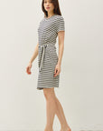 LINEN BLEND STRIPED FAUX WRAP SHORT SLEEVE DRESS