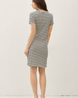 LINEN BLEND STRIPED FAUX WRAP SHORT SLEEVE DRESS