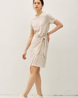 LINEN BLEND STRIPED FAUX WRAP SHORT SLEEVE DRESS