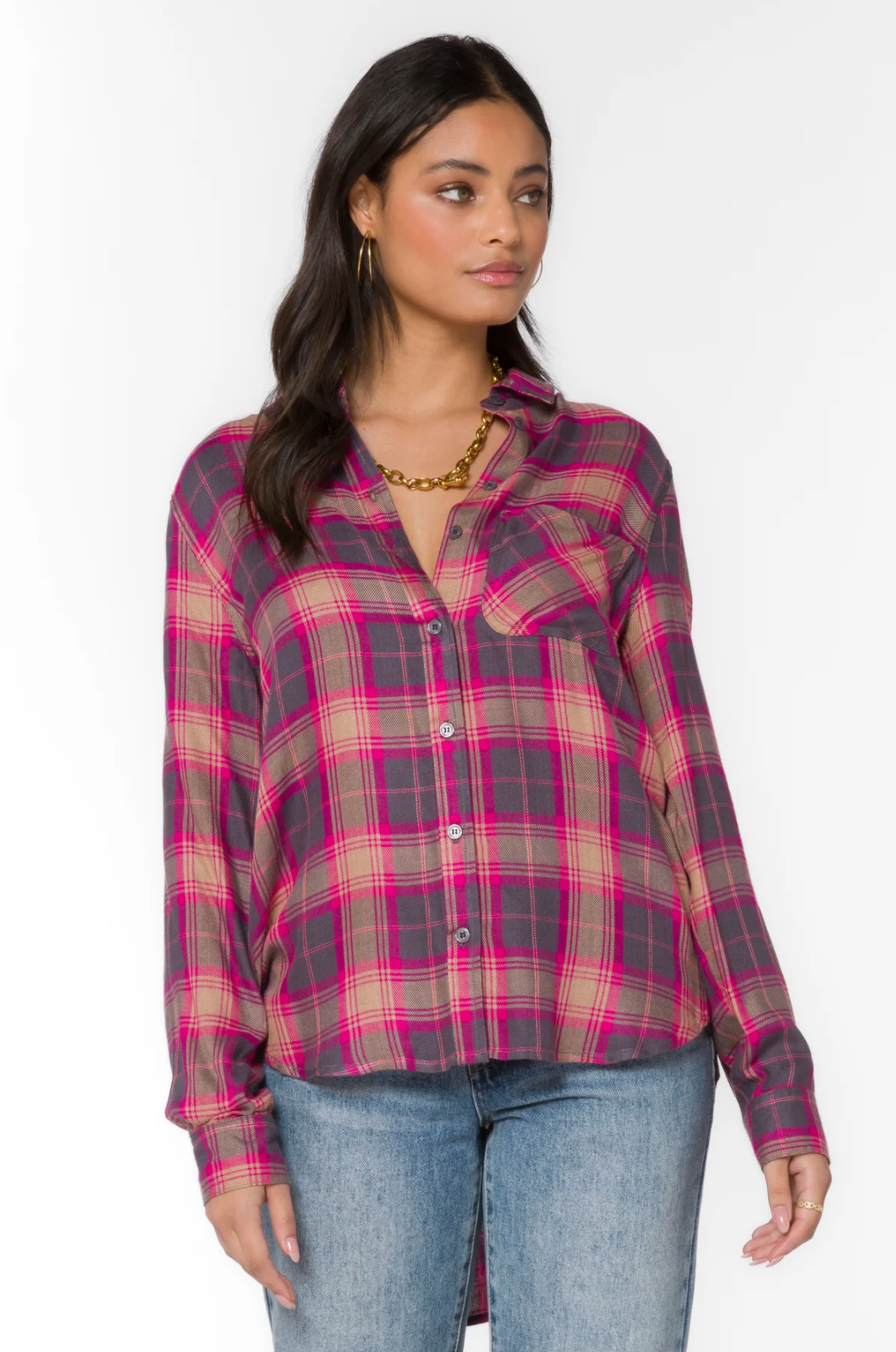 womens purple plaid shirt