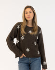 AIDEN EMBROIDERED DAISIES CREW NECK SWEATER