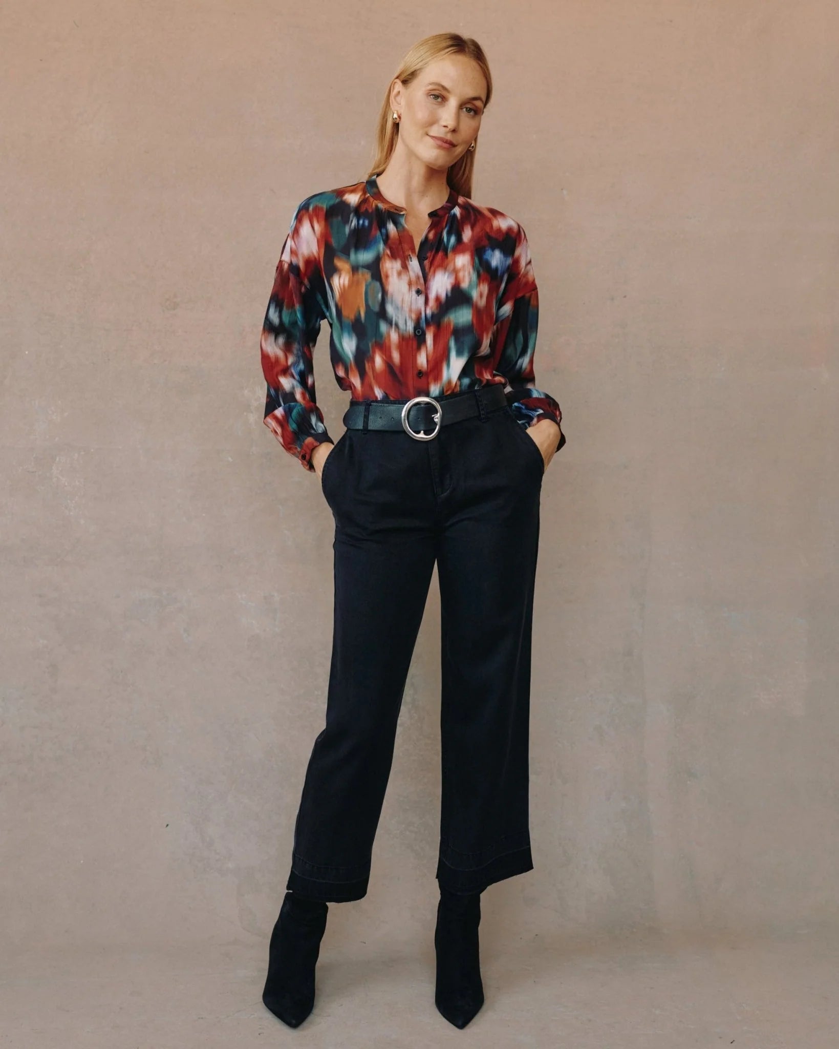 BLURRED FLORAL MANDARIN COLLAR SHIRT