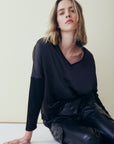 CINDY SATIN & RIB LONG SLEEVE TOP