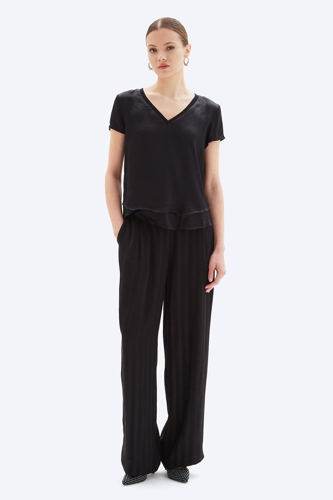 AVA SATIN V-NECK MOCK LAYER TEE