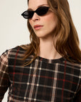 PLAID MESH 3/4 SLEEVE TOP
