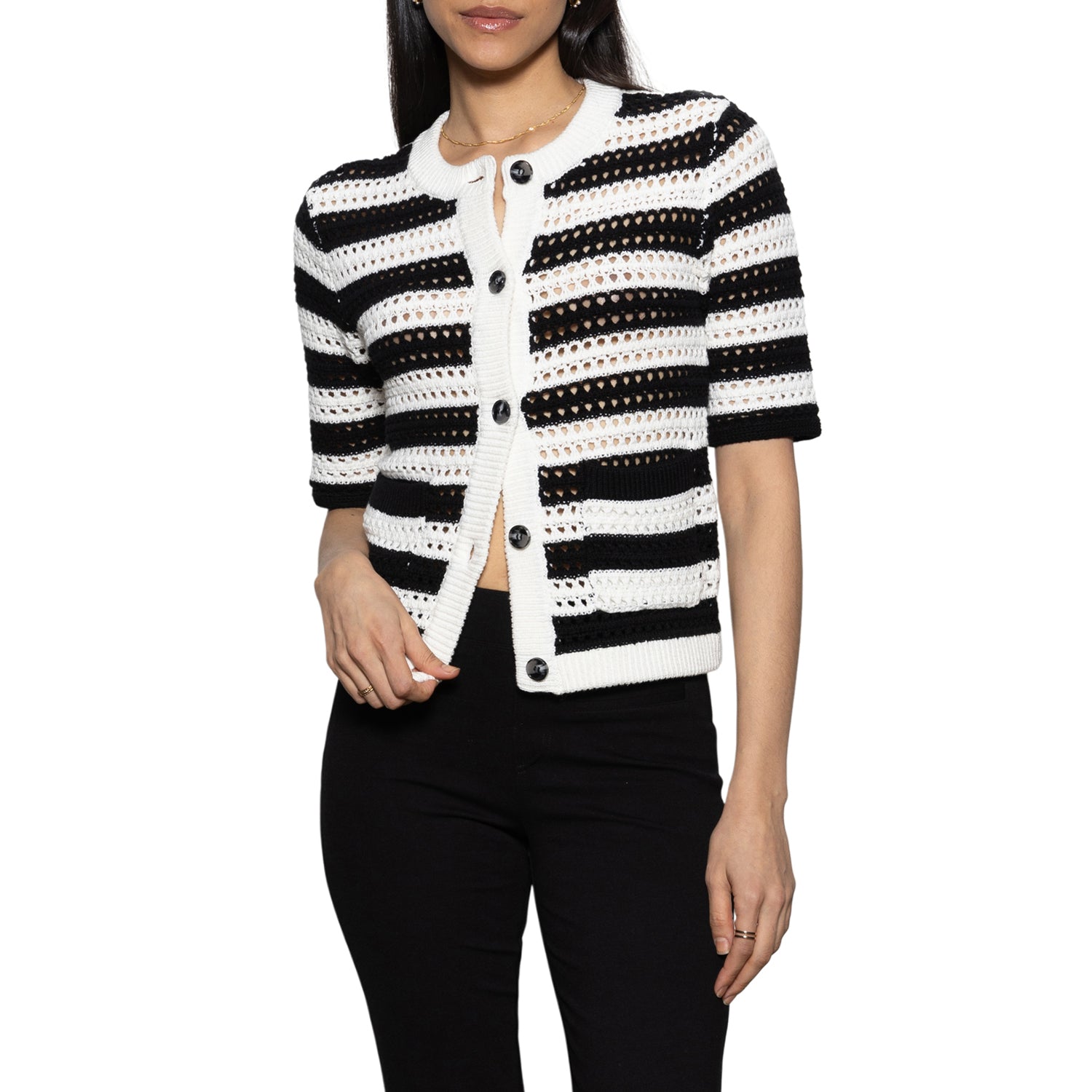STRIPED OPEN KNIT SHORT SLEEVE CARDI