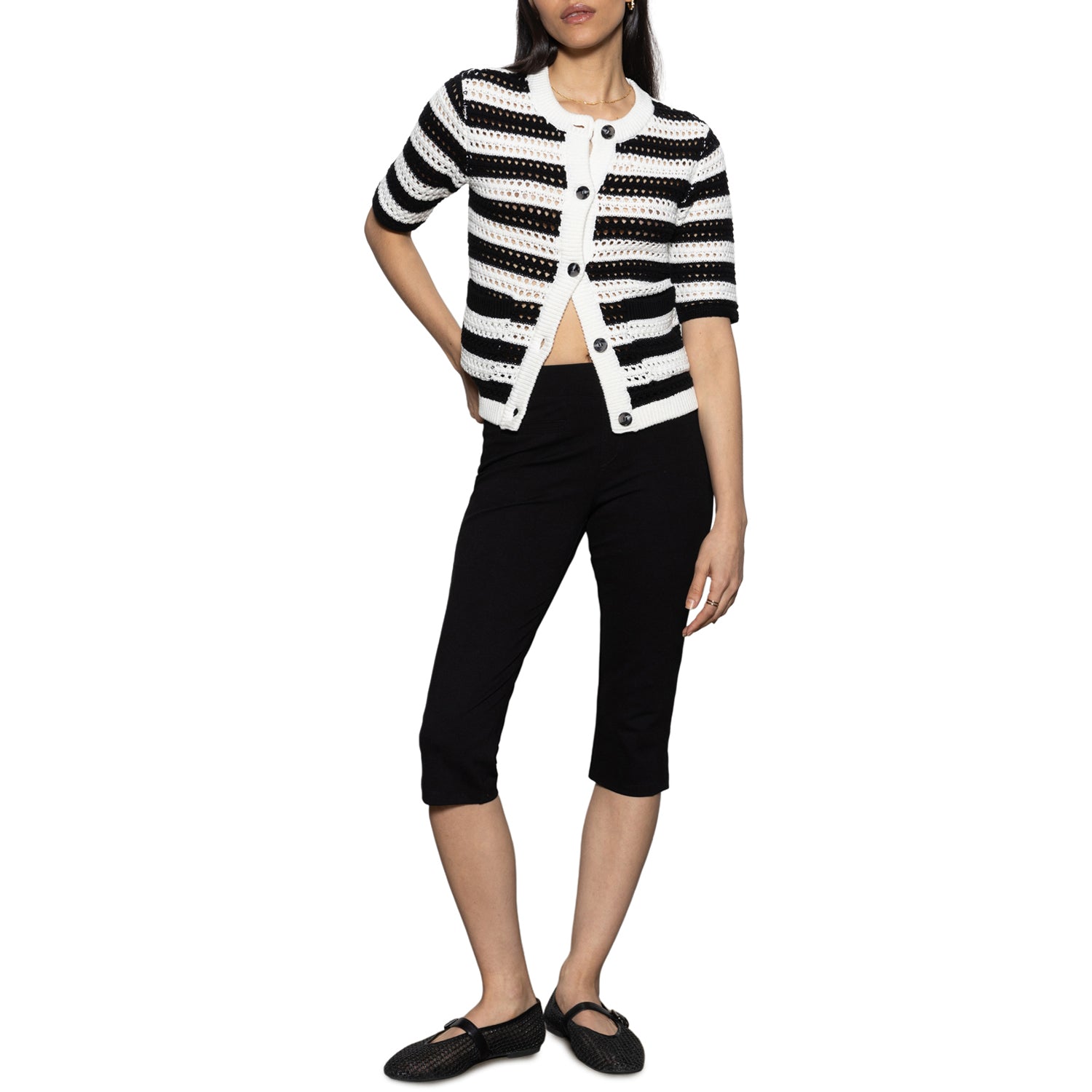 STRIPED OPEN KNIT SHORT SLEEVE CARDI