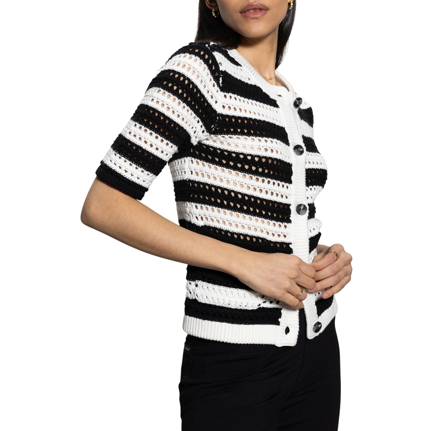 STRIPED OPEN KNIT SHORT SLEEVE CARDI