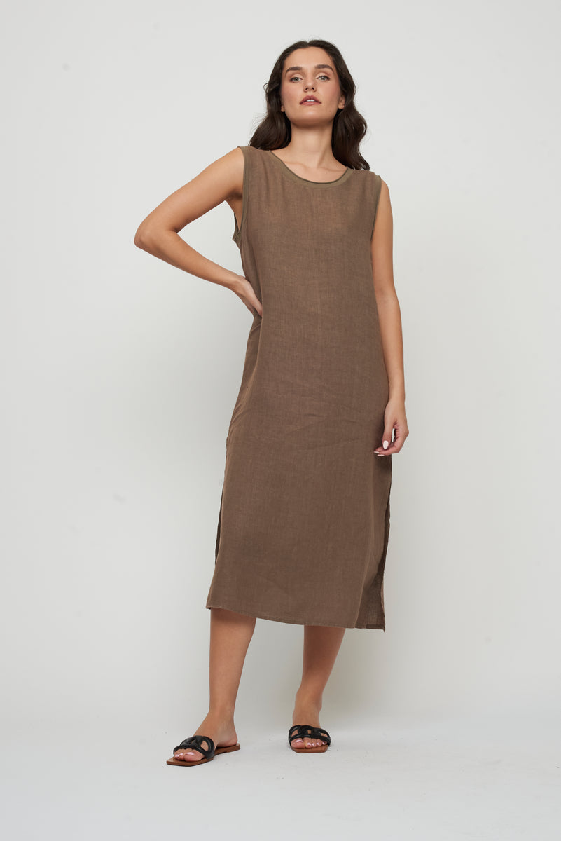 SLEEVELESS MAXI LINEN DRESS WITH COTTON TRIM SIDE SLIT