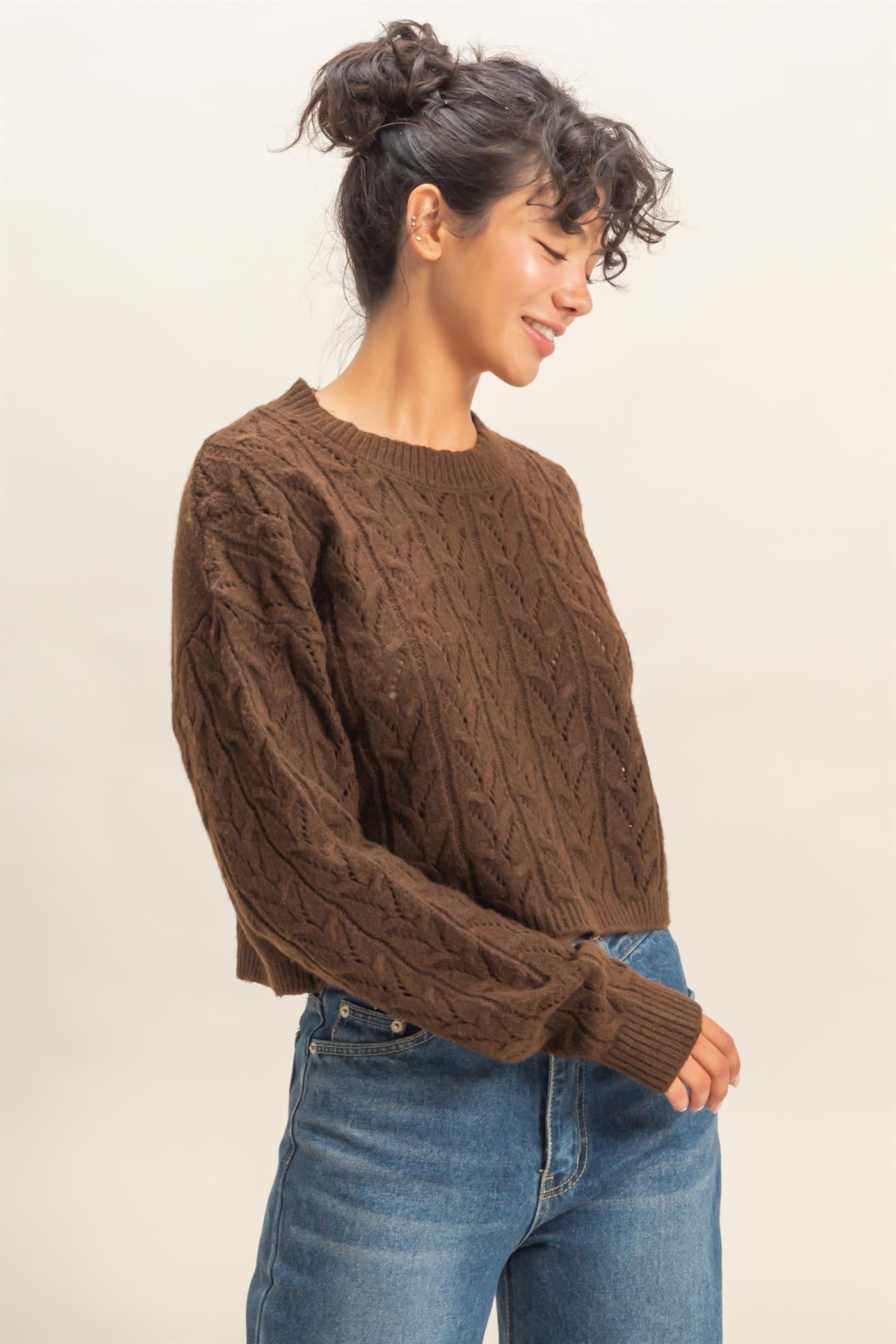 POINTELLE CABLE KNIT SWEATER