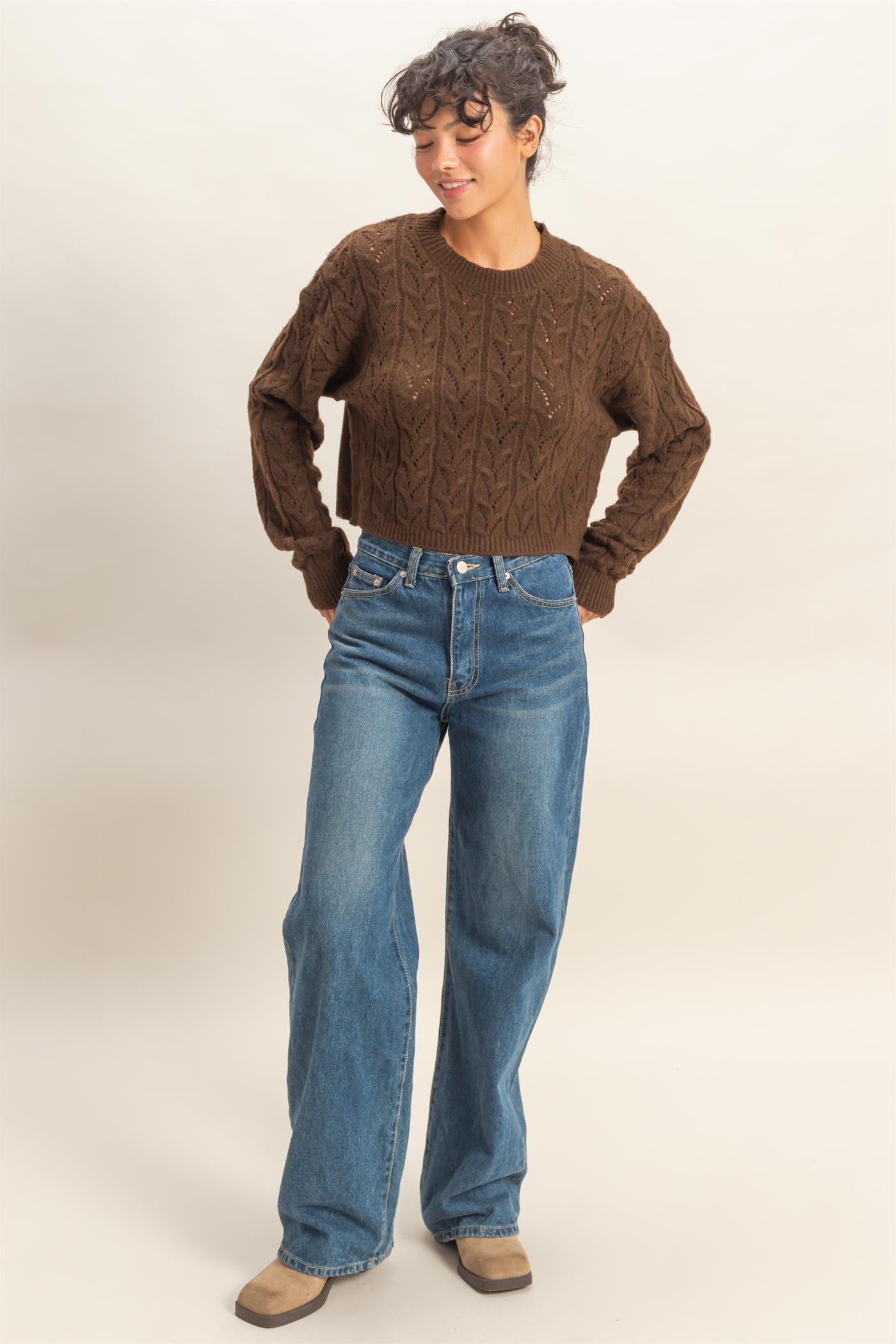 POINTELLE CABLE KNIT SWEATER