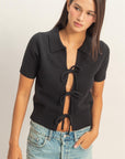 TIE FRONT SHORT SLEEVE SWEATER
