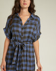 SHORT SLEEVE BELTED PLAID DRESS WITH POCKETS