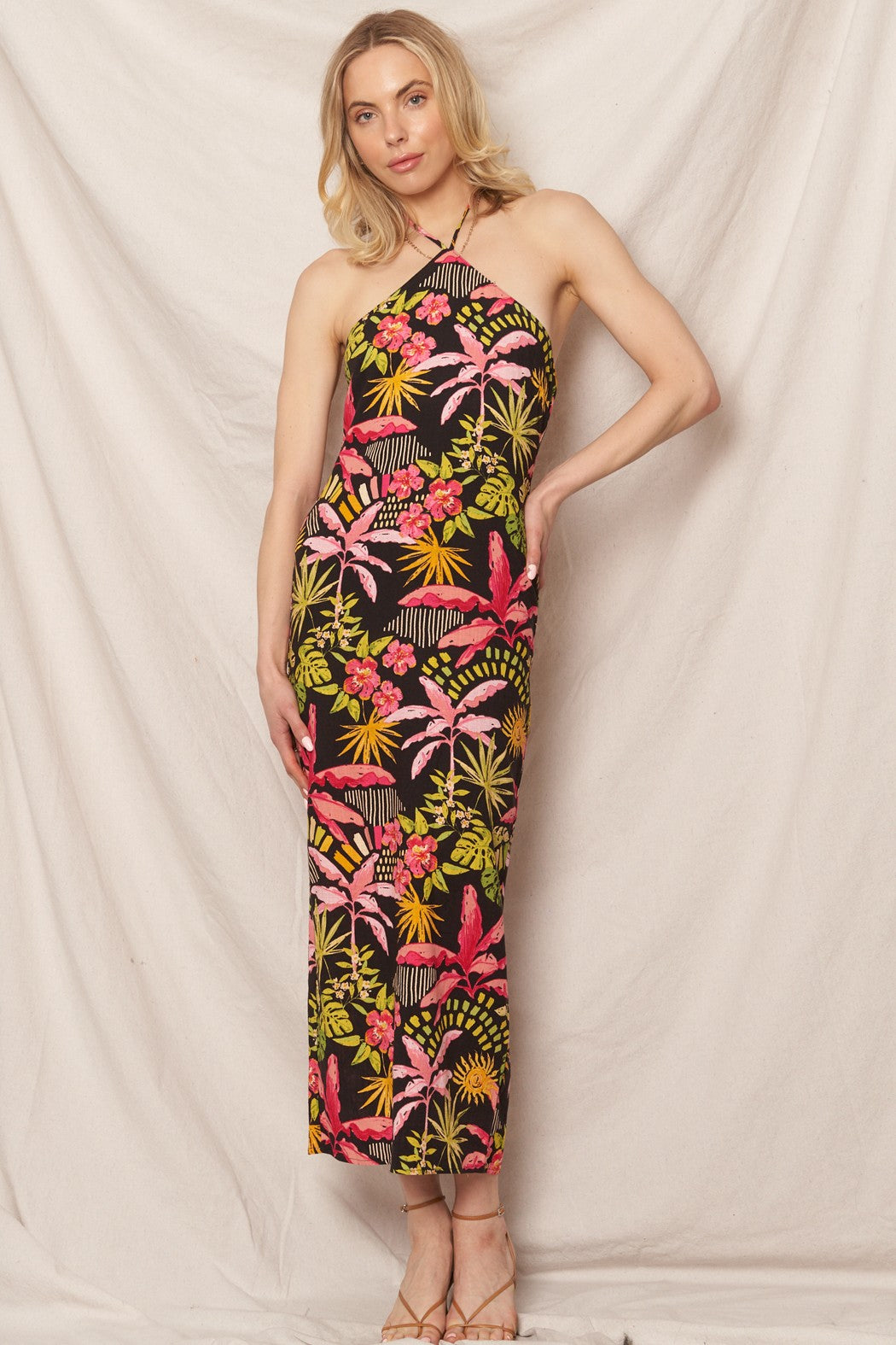TROPICAL PRINT HALTER DRESS