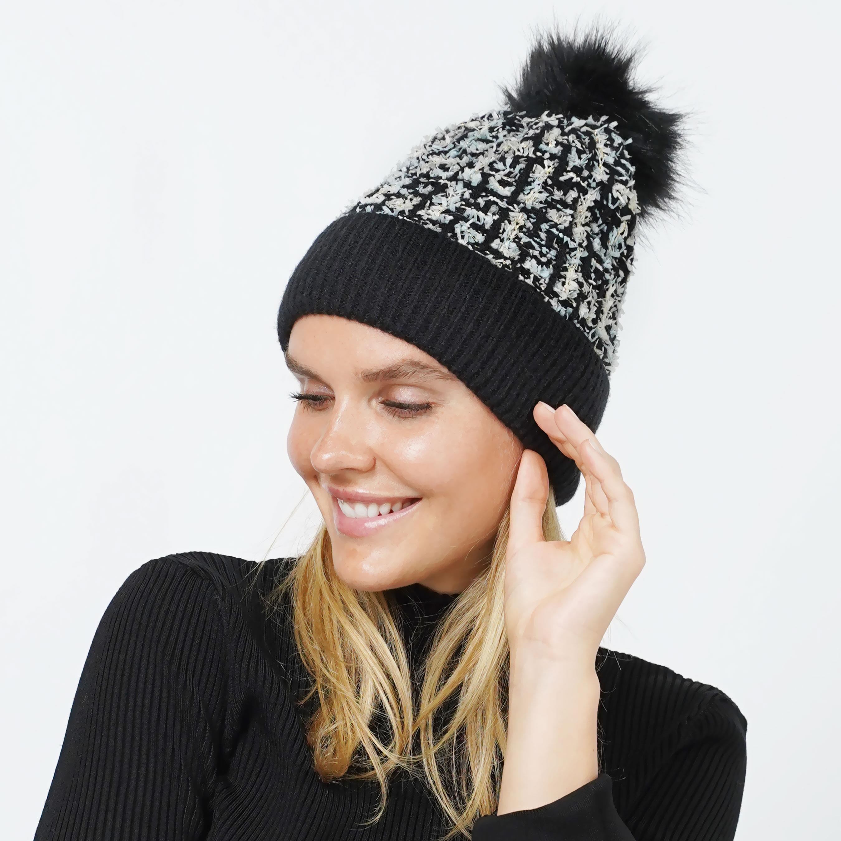 CONFETTI TWEED TOQUE WITH FAUX FUR POMPOM