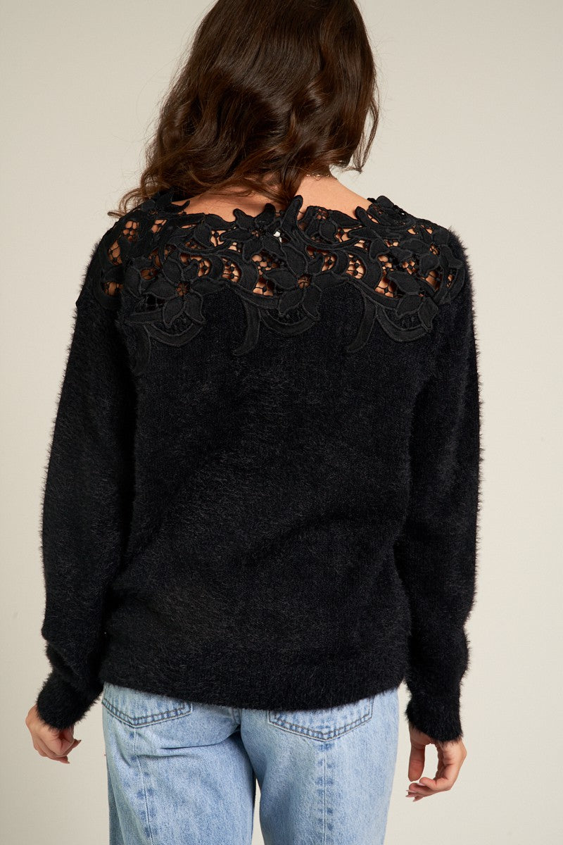 Fluffy sweater with retailer lace detail