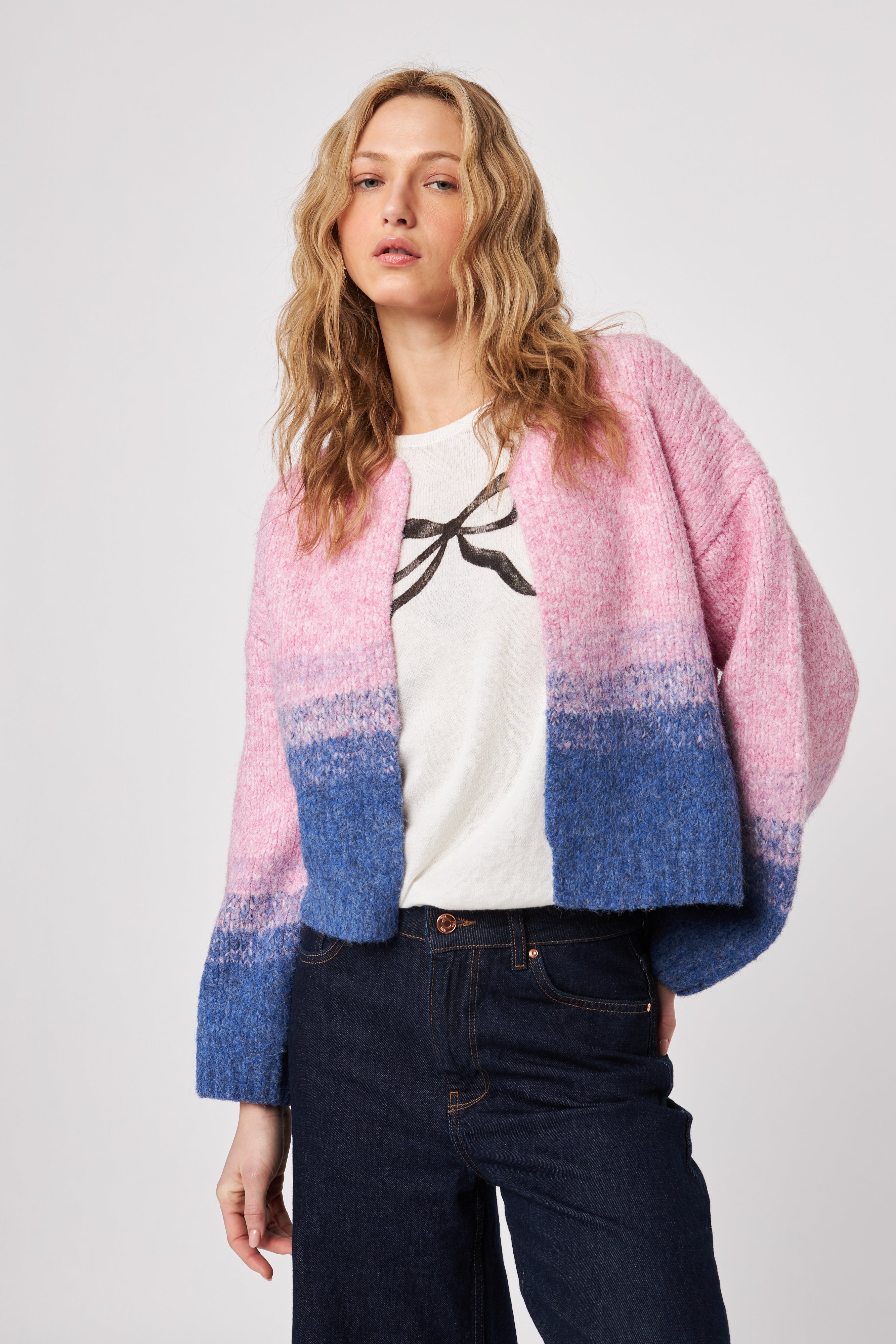 REECE GRADATED COLOUR BLOCK OPEN CARDIGAN