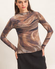 MARBLED RUFFLE NECK MESH TOP