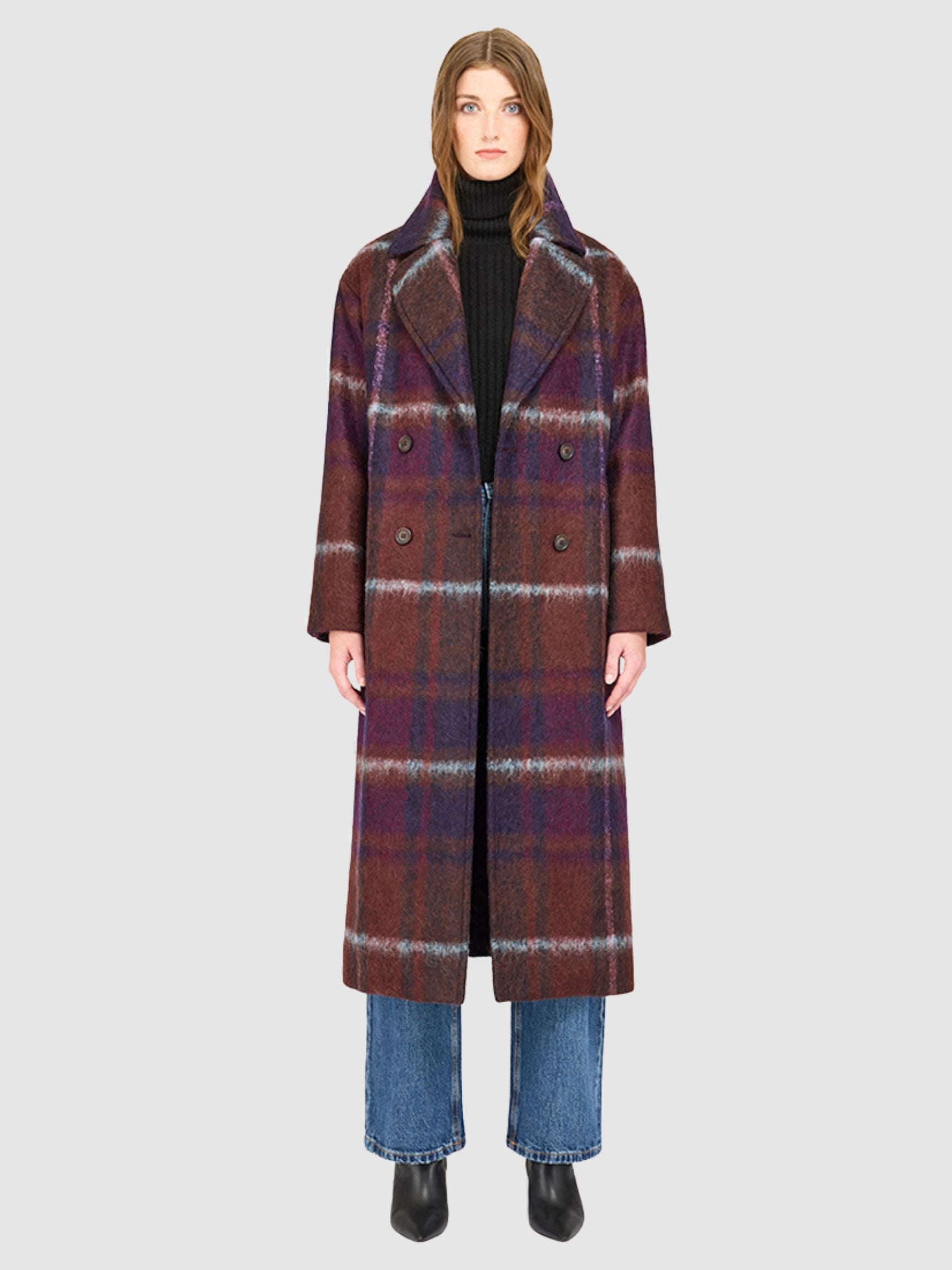HAZEL PLAID LONG WOOL COAT WITH SIDE ZIPPER