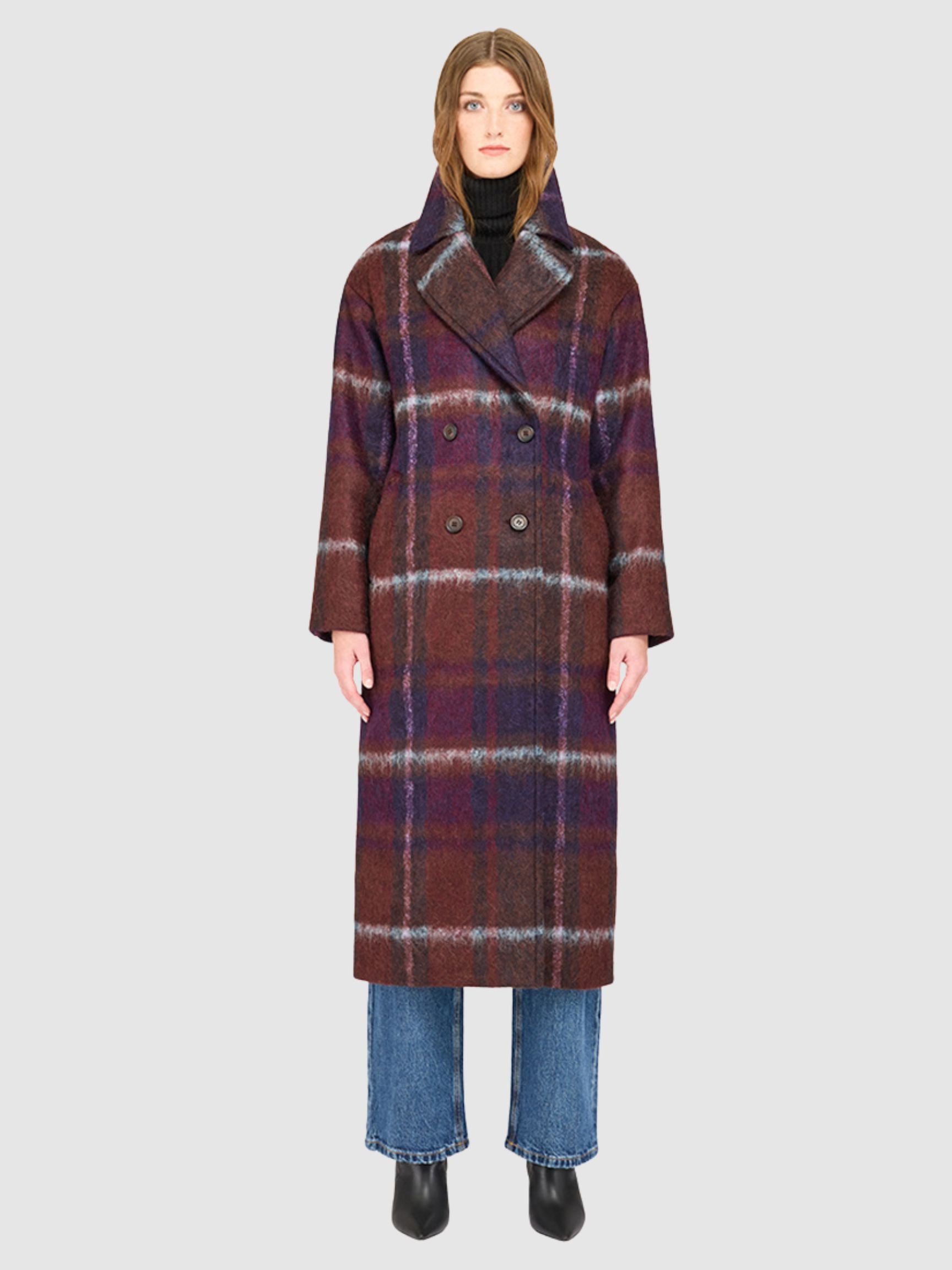 HAZEL PLAID LONG WOOL COAT WITH SIDE ZIPPER