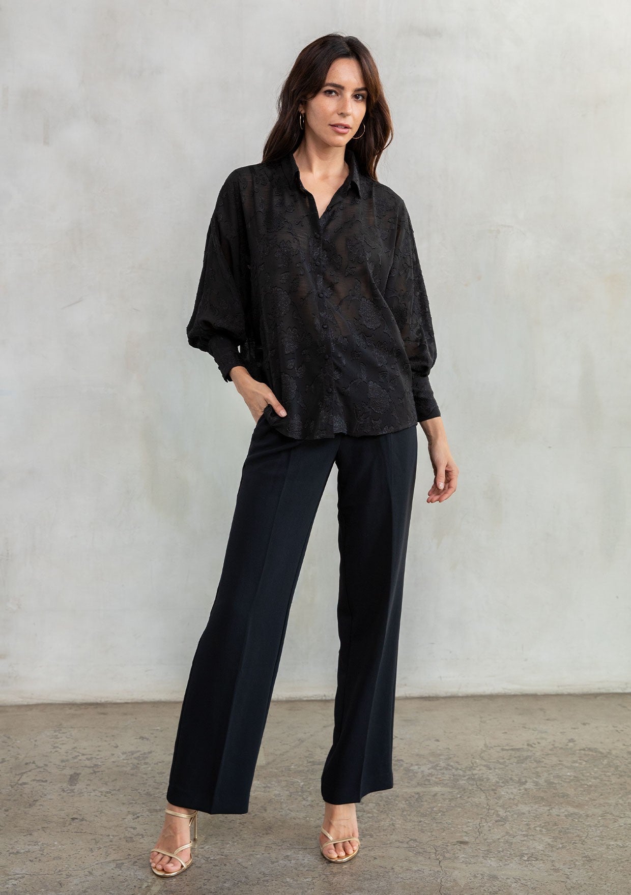 SHEER JACQUARD FLORAL DOLMAN BLOUSE