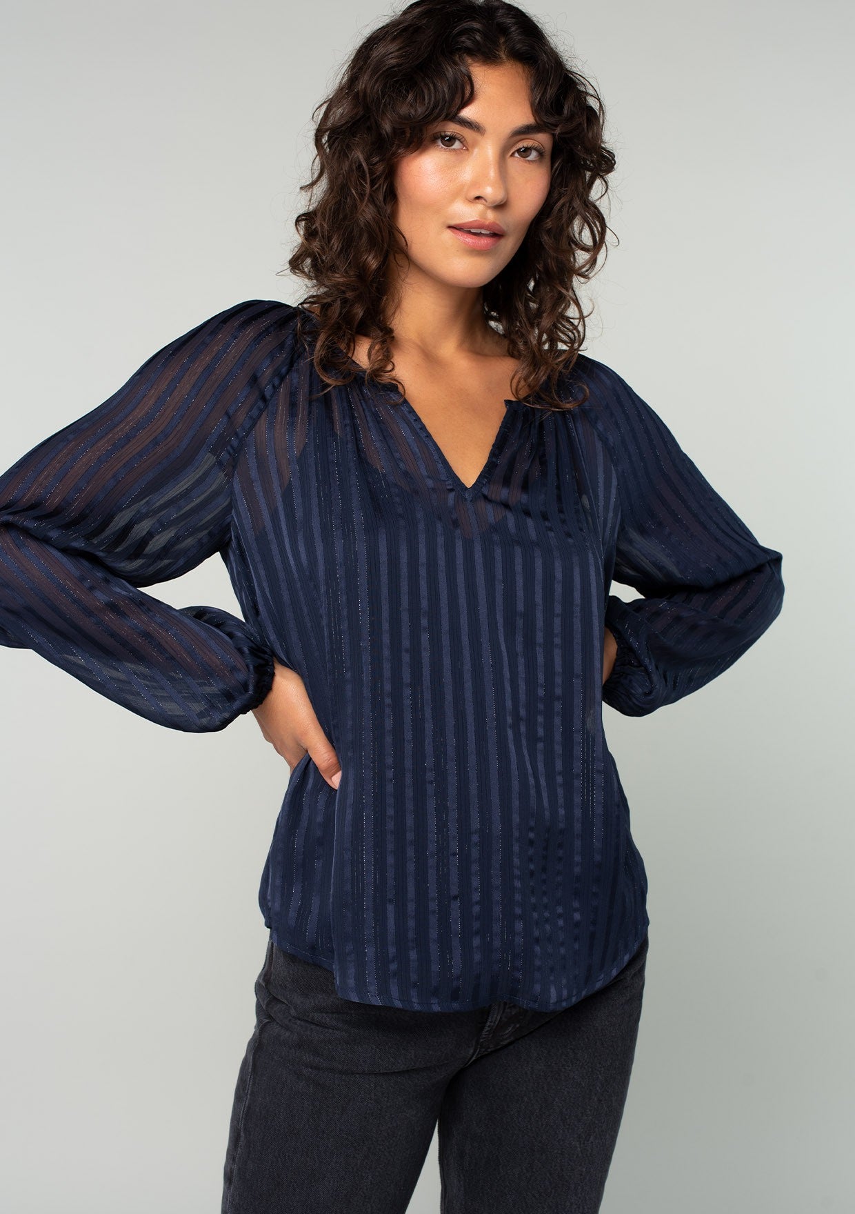 SHEER STRIPE V-NECK POPOVER BLOUSE
